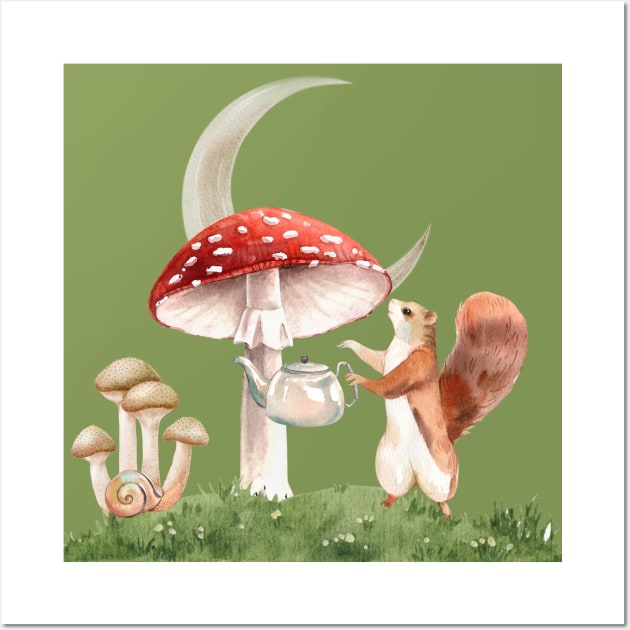 Cottagecore Surrealistic Squirrel Watering Mushroom Wall Art by Souls.Print